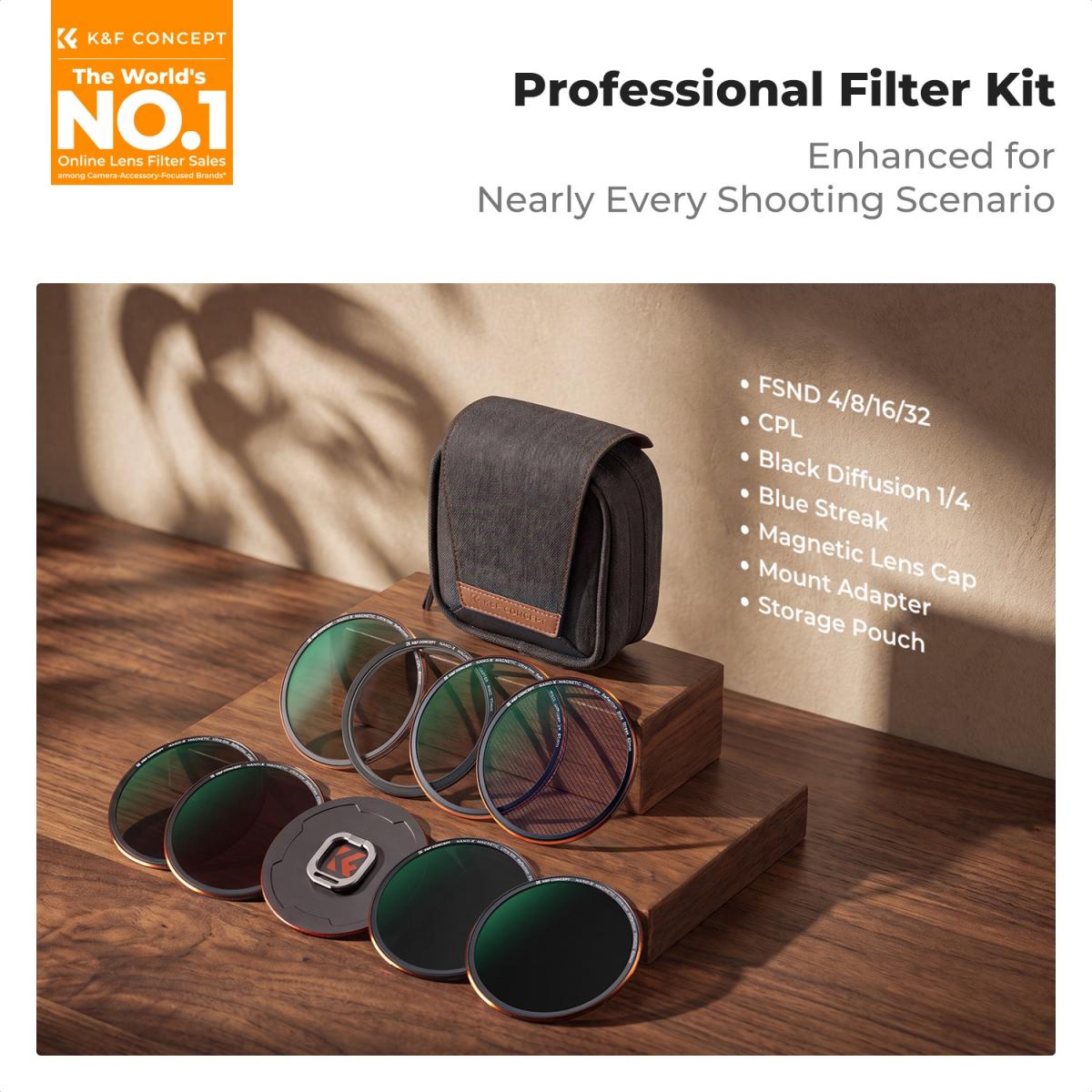 K&F Concept 77mm Magnetic Lens Filter Kit (9-in-1 Set) CPL+FSND4/8/16/32+Black Mist 1/4+Blue Streak with Adapter Ring & Cap, Ultra-Low Reflection Optical Glass for Camera Lens - Nano-Xcel Series