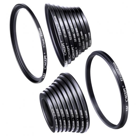 18 Pieces Filter Ring Adapter Set, Camera Lens Filter Metal Stepping Rings Kit (Includes 9pcs Step Up Ring Set + 9pcs Step Down Ring Set)
