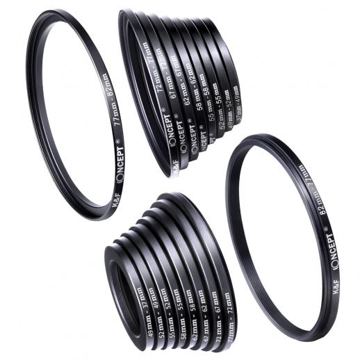 18 Pieces Filter Ring Adapter Set, Camera Lens Filter Metal Stepping Rings  Kit (Includes 9pcs Step Up Ring Set + 9pcs Step Down Ring Set)