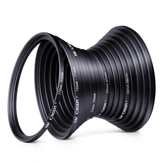 Black Filter Ring Adapter K&F Concept 18pcs Camera Lens Filter Metal Stepping Rings kit Includes 9pcs Step Up Ring Set + 9pcs Step Down Ring Set
