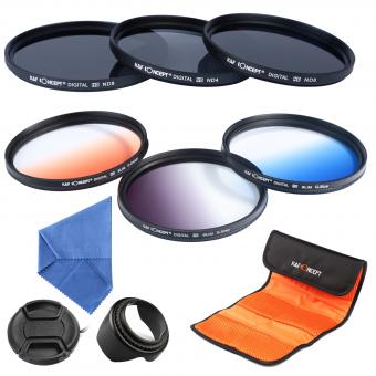 67mm Lens Filter Kit Neutral Density ND2+ND4+ND8 Graduated Color Filter Blue+Orange+Grey with Lens Hood & Lens Cap