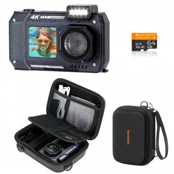 33ft/10m Waterproof Camera 4K 48MP HD Photos & Videos with Dual-Screen for Snorkeling, Surfing, Swimming, Waterproof Camera for Kids, Adults, includes EVA Storage Case, Black