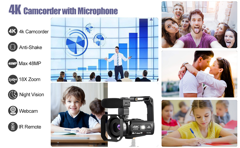  Cámara de video 4K con micrófono HD, videocámara de 60 FPS con  visión nocturna IR, cámara digital WiFi, zoom digital 18X, cámara de  vlogging para , cámara de video para niños