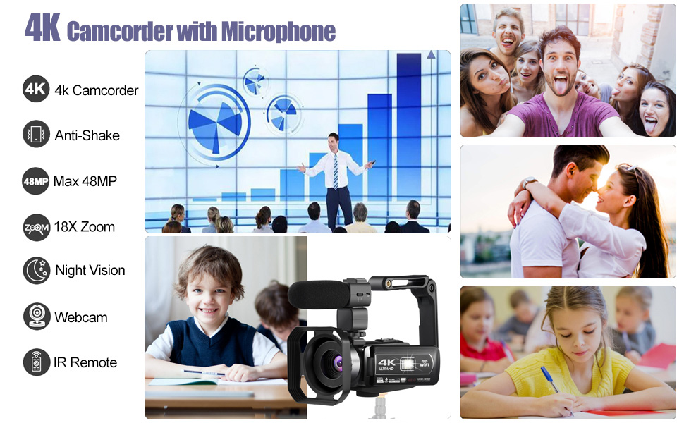 Caméscope 4K Caméra vidéo 48MP 30FPS Vision Nocturne Infrarouge Zoom  Numérique 18X Webcam 3 Rotation Camescope à écran Tactile Caméra Vlogging  pour  avec Télécommande, 2 Piles, Carte SD 32Go : 