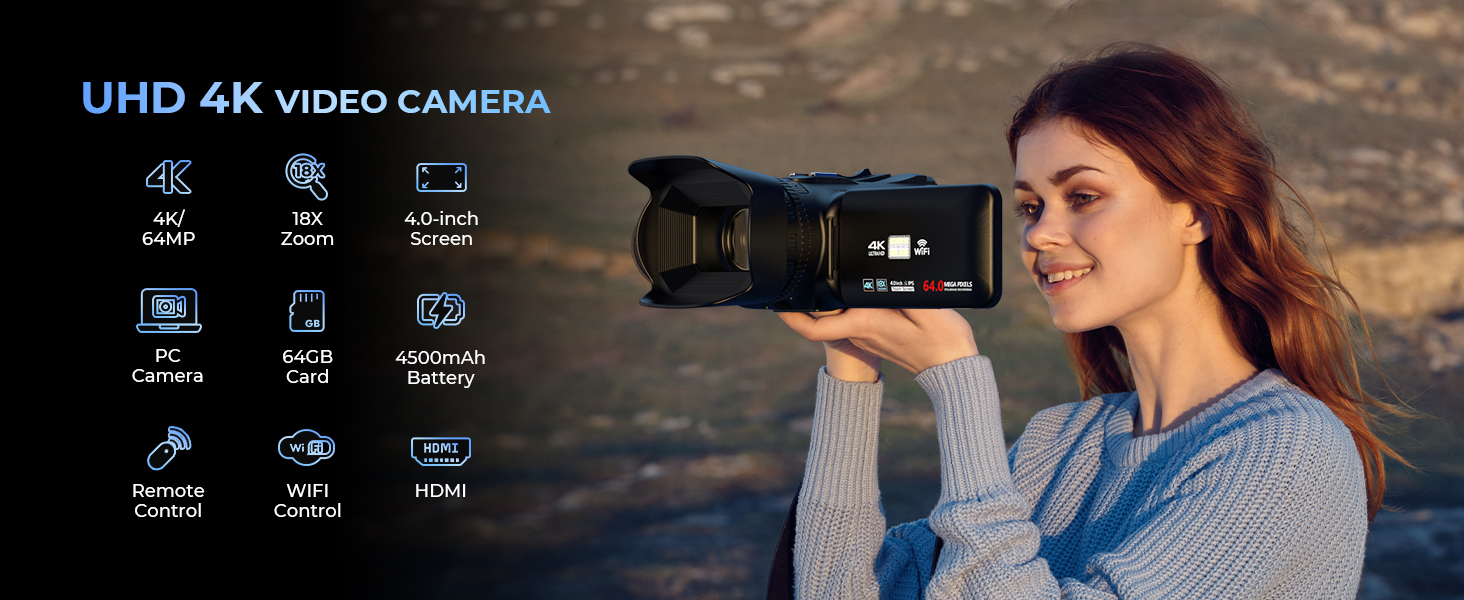 Komery – Caméra Vidéo Professionnelle 4k, 4.0 , 64mp, Wifi