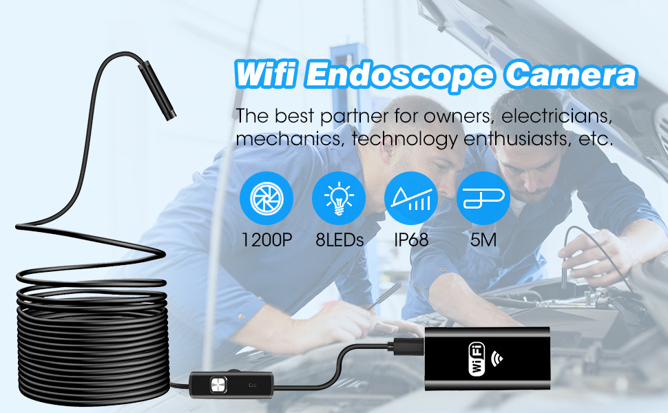 Endoscopio inalámbrico WiFi de 2m HD con 8 luces Led Ajustables - K&F  Concept