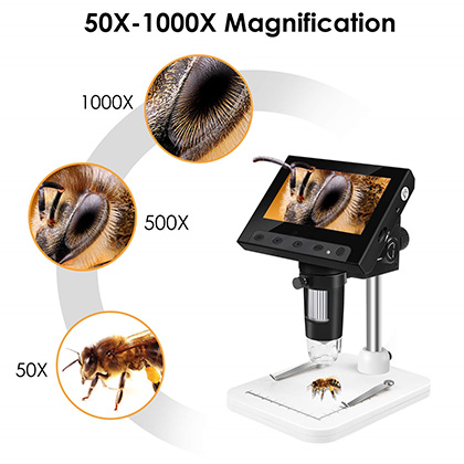 XClifes 4.3 inch LCD Digital Microscope, Coin Microscope Handheld USB  Microscope 50X-1000X Magnification Video Camera with 8 Adjustable LED  Lights for Adults PCB Soldering DM4