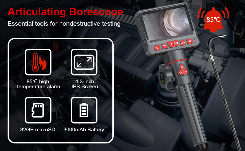 Caméra Endoscope 2,0MP 1080P HD Endoscope Industriel à Unique Lentille,  Écran de 4,3, Lentille Réglable à 360°, 8 LED à Luminosité Réglable avec