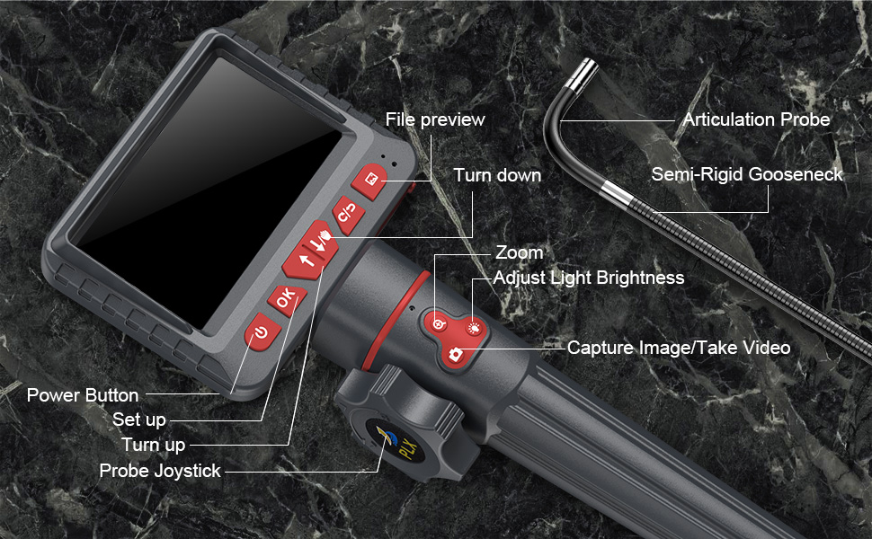K&F Concept Caméra Endoscope Industriel HD avec 0,23'' de Diamètre  Ultra-mince, 6 Lumières LED, Écran de 4,3 et Lentille Réglable à 360° -  K&F Concept