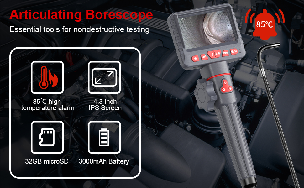 Cámara de inspección Handeld con lámpara LED endoscopio industrial rotación  de 360 grados 5 pulgadas IPS pantalla IP67 lente impermeable