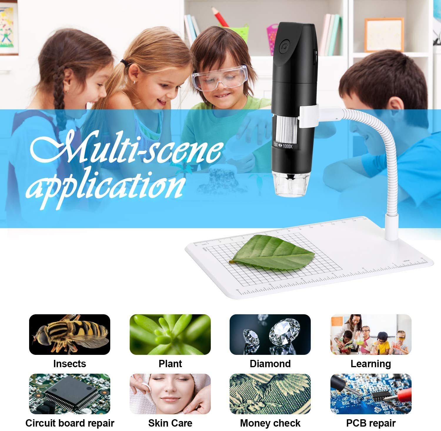 VBESTLIFE Microscope portatif Microscope numérique sans fil 1000X WIFI HD  Microscopes portables en temps réel avec règle de