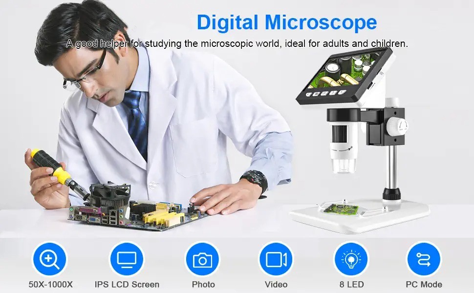 LCD Digital USB Microscope HD Sensor AntScope Adjustable Stage Photo/Video Recording HDMI Port 4.3-inch Color 50X-1000X Magnification Camera for Kids with 8 Led Lights 