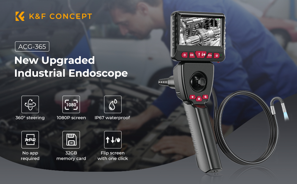 Caméra Endoscope 2,0MP 1080P HD Endoscope Industriel à Unique Lentille,  Écran de 4,3, Lentille Réglable à 360°, 8 LED à Luminosité Réglable avec  Carte Mémoire 32G (1m) - K&F Concept