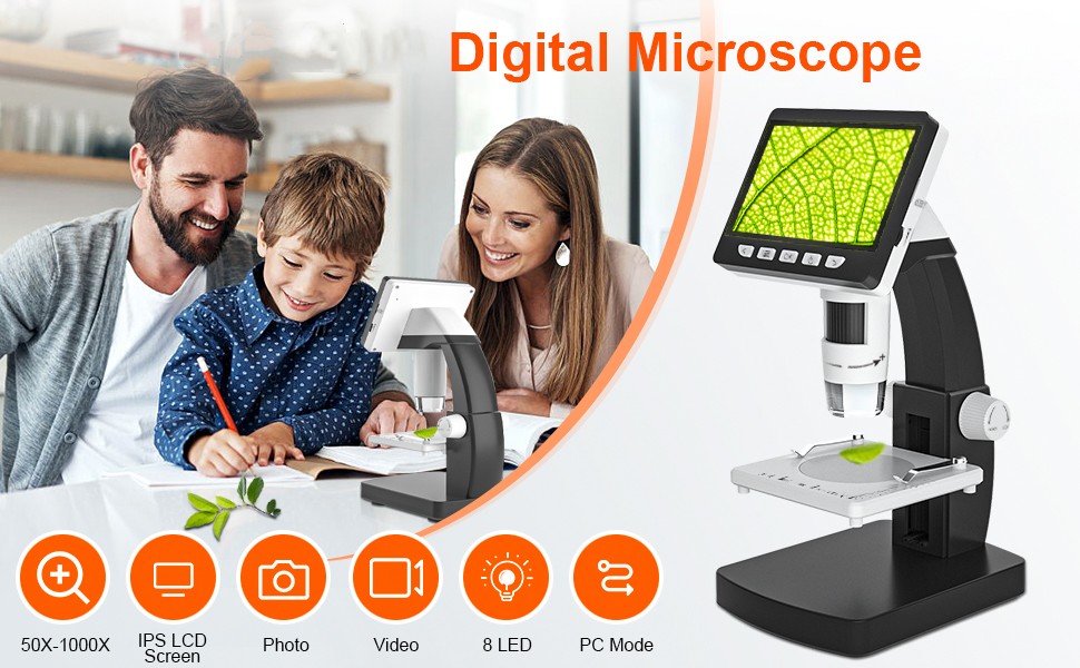 Microscope numérique de 4,3 pouces, microscope à pièces, grossissement  50X-1000X, avec 8 lumières LED réglables, adapté aux adultes et aux enfants  à l'extérieur et à la maison - K&F Concept
