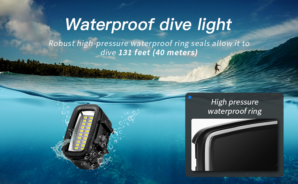 Luce video a LED ricaricabile ad alta potenza subacquea con supporto per action cam e supporto per slitta fredda