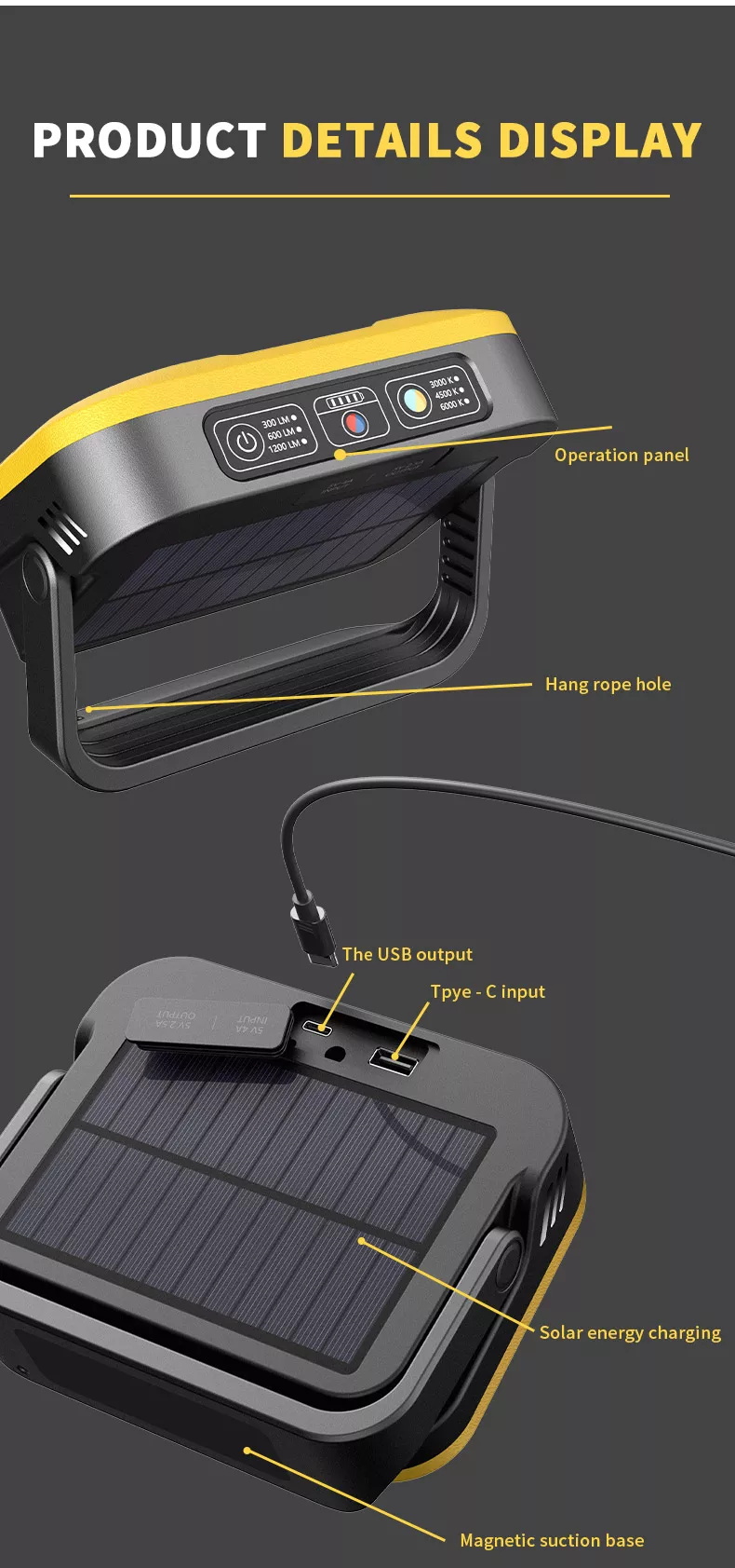 M3 Solar LED Camping Light, 1200LM and 3 colour temperatures rechargeable  multifunctional LED light, portable camping