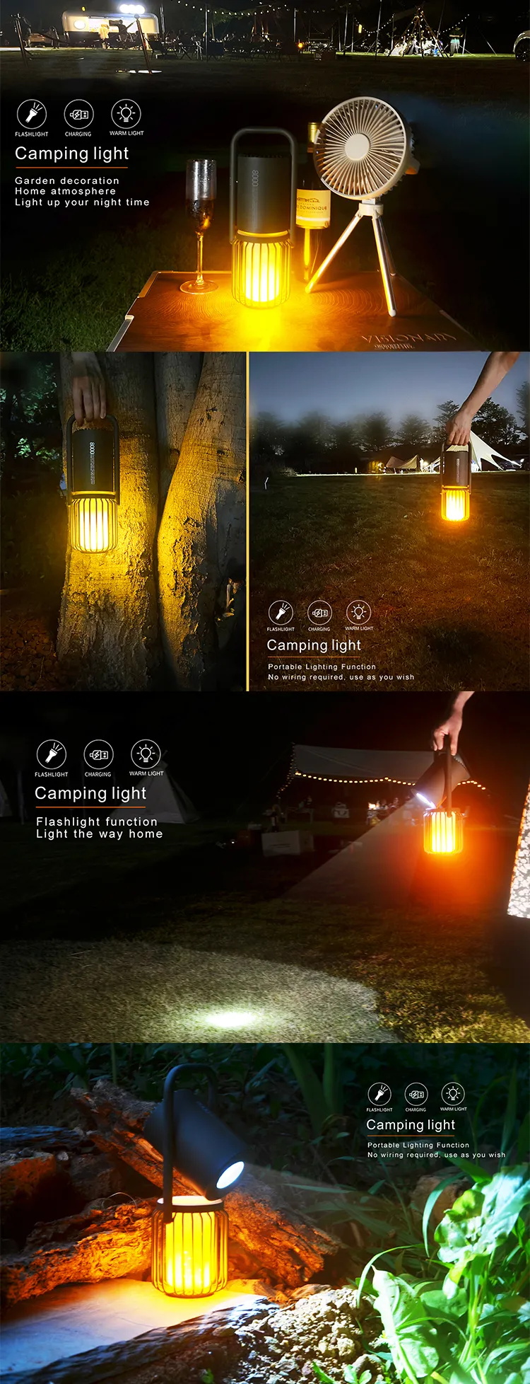 8000mAh Camping Ventilator Akku mit abnehmbarem LED Licht, Haken