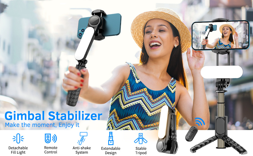 Smartphone-Gimbal-Stabilisator mit abnehmbarem Fülllicht, einziehbarem  kabellosem Selfie-Stick und Stativ, multifunktionaler abnehmbarer  Fernbedienung, automatischer 360°-Rotation, kompatibel mit iPhone Android -  KENTFAITH
