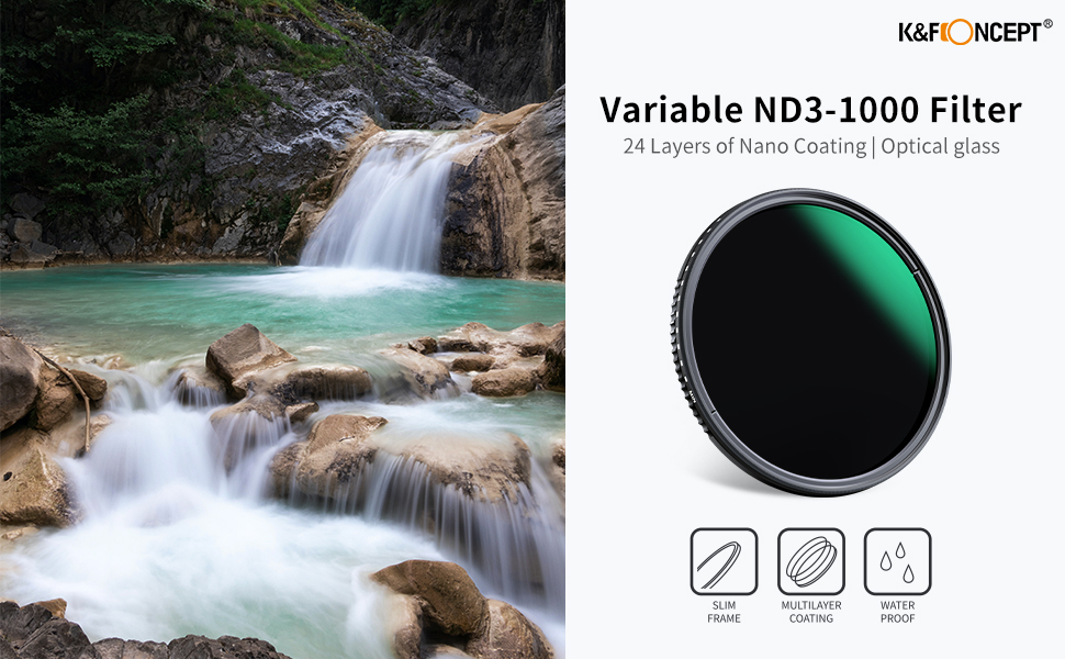 K&F Concept Variable ND3-ND1000 ND Filter (1.5-10 Stops) Waterproof Neutral Density Filter with 24 Multi-Layer Coated