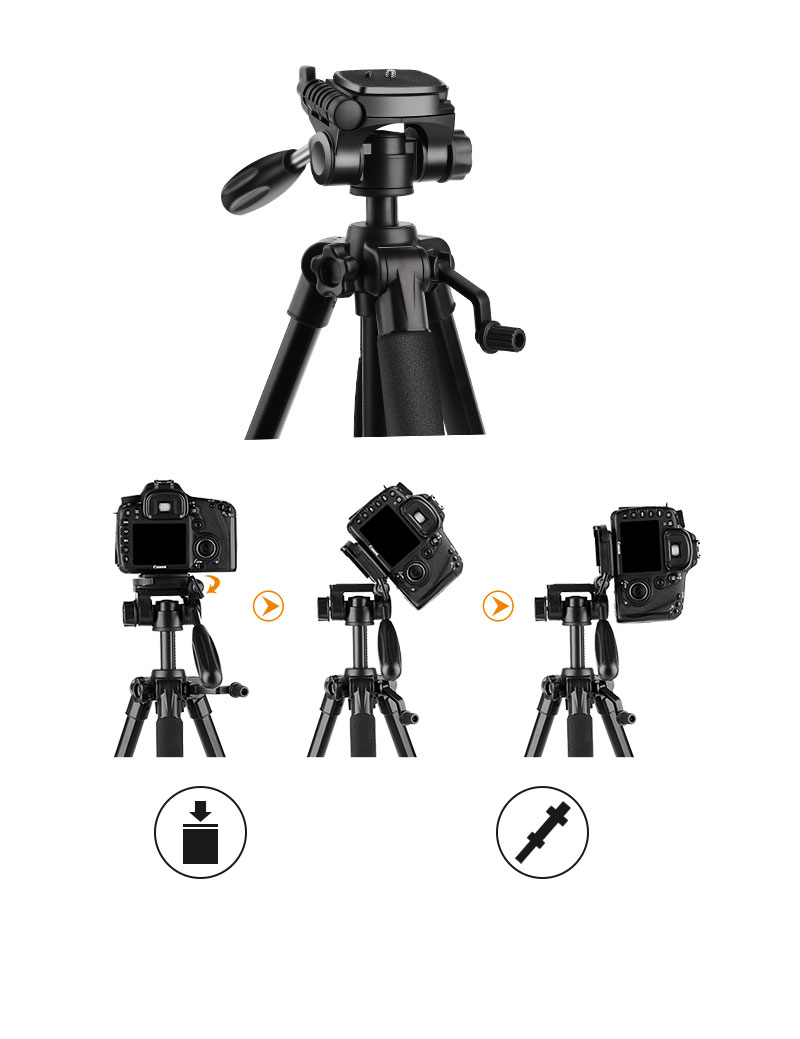 TM2324L 58 Compact Tripod with 3-Way Pan Tilt Head Black - KENTFAITH