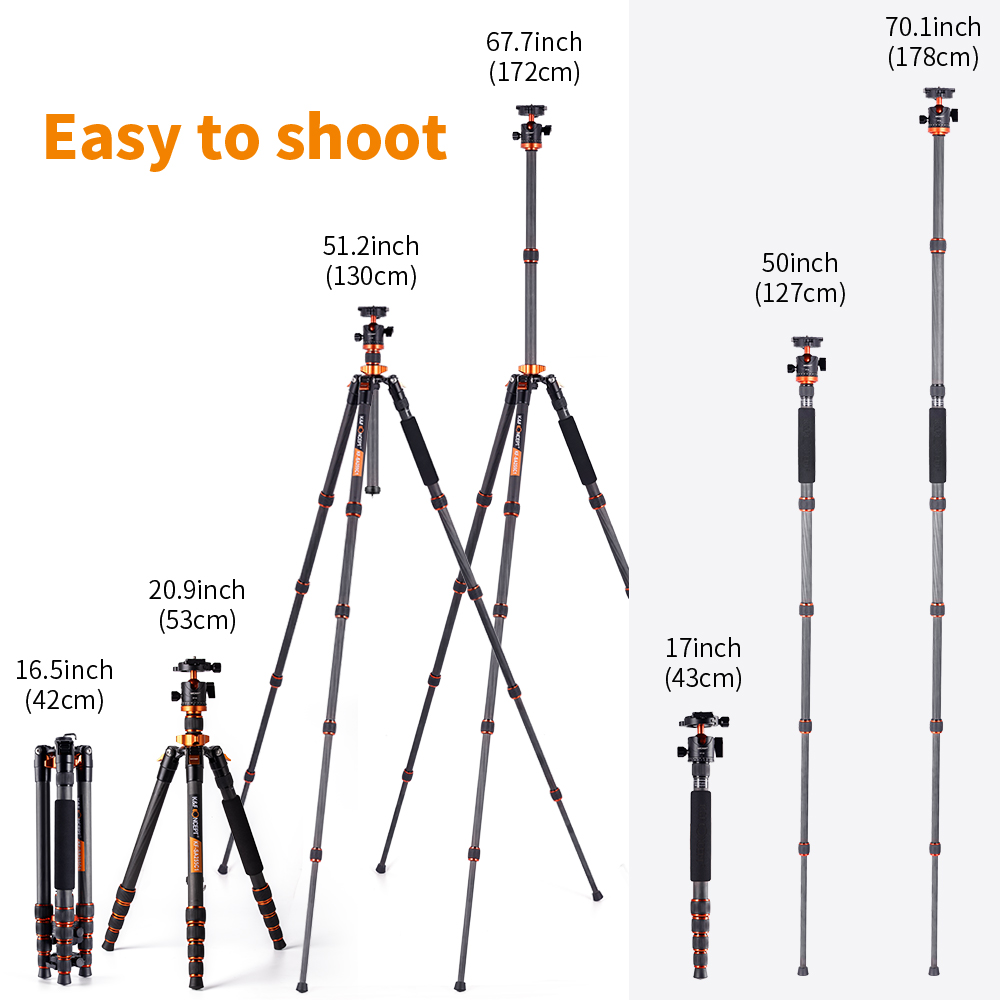 K&F Concept SA255C1 Carbon Fiber Camera Tripod with Phone Mount