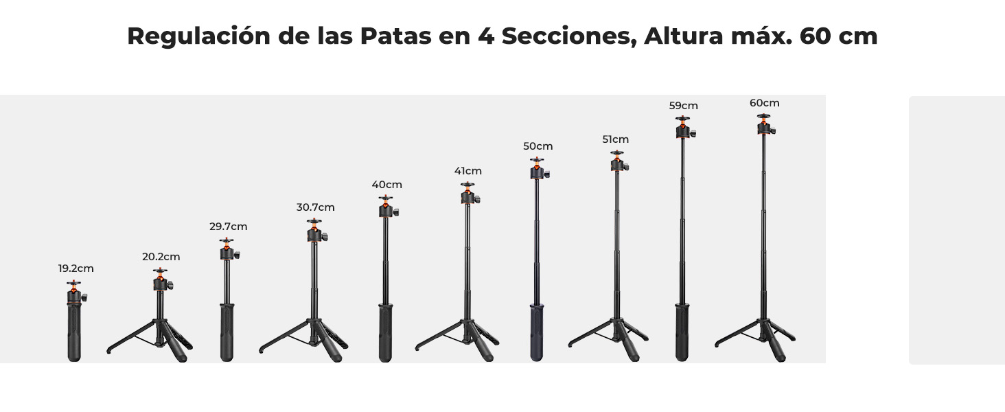 Ajuste de patas de 4 secciones, altura máxima 60 cm.