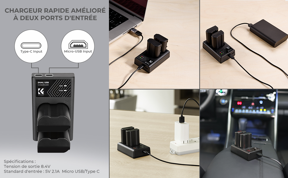 Chargeur Double Pour Batteries Nikon EN-EL15 / A / B / C - Écran LCD, Entrée USB-C Et Micro USB