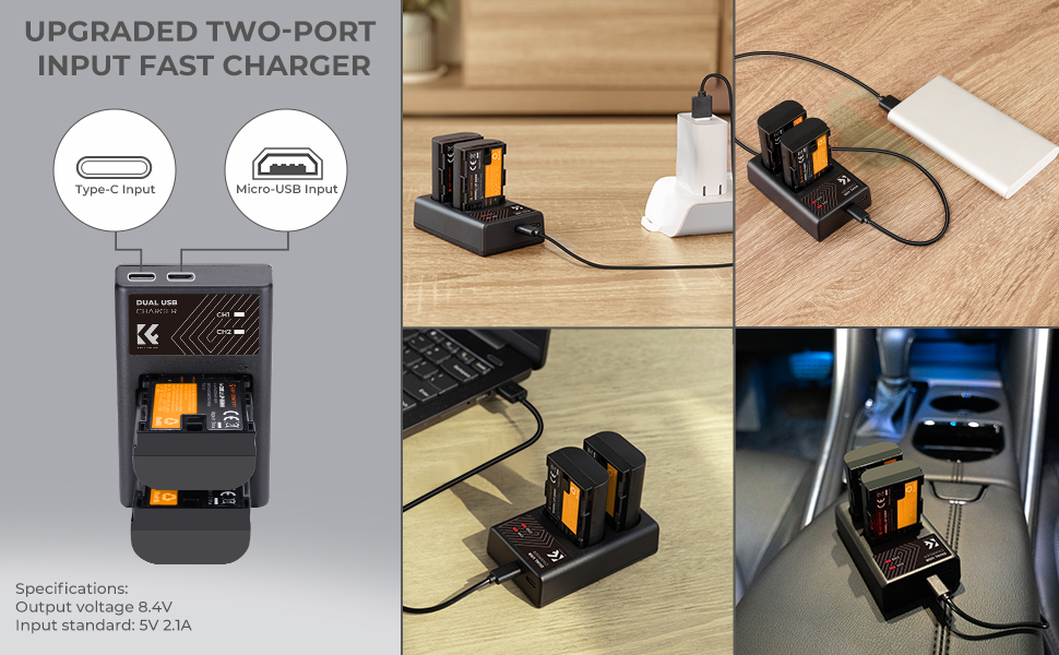 K&F CONCEPT LP-E6/LP-E6N/LP-E6NH Caricabatterie rapido a doppio slot con  micro USB e doppia interfaccia di tipo C Batterie compatibili Canon EOS R5,  EOS R6, EOS R, EOS 5D Mark IV, 5D Mark