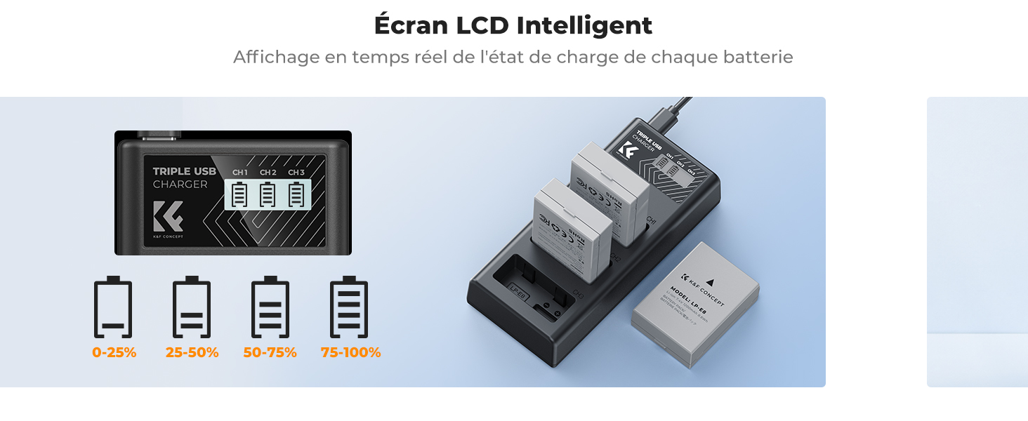 Kit 3 Batteries LP-E8 + Chargeur LCD Pour Canon EOS Rebel T2i, T3i, T4i, T5i, 550D, 700D, Etc.