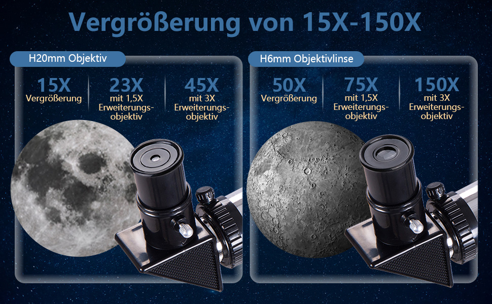 This is the ideal telescope for beginners in astronomy... You will receive 15X, 23X, 45X, 50X, 75X and 150X enlargements with adjustable performance for maximum details.