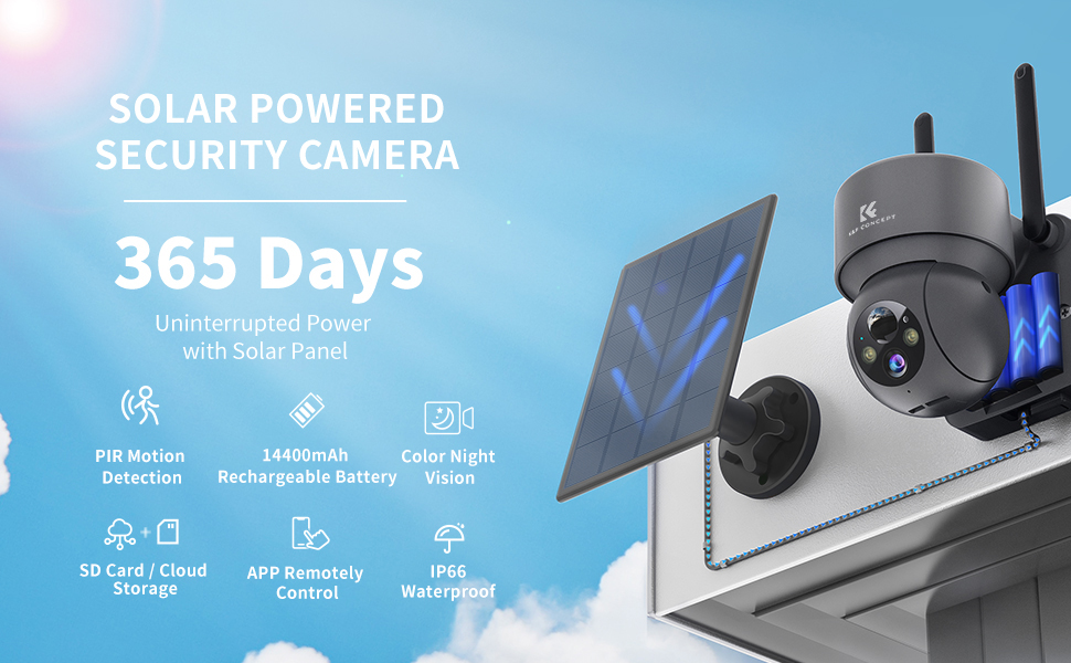 Security Camera Outdoor, Solar Wireless WiFi 360° PTZ Camera - KENTFAITH