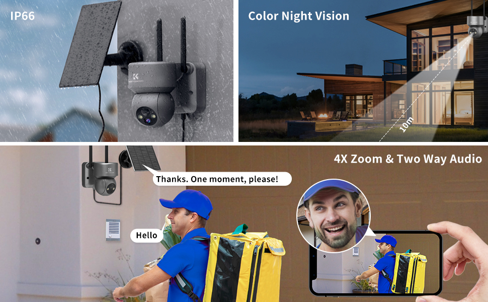 Caméra de surveillance intérieure et extérieure connectée sans fil  Rechargeable KYF Full HD Vision de nuit + Panneau solaire 3W
