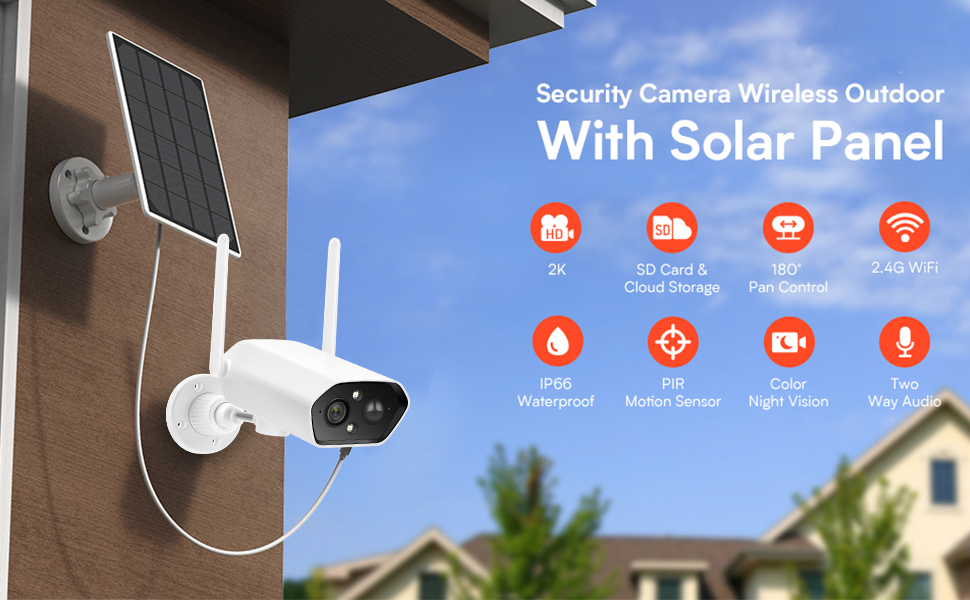 2K Camara De Seguridad Con Panel Solar 2.4G WiFi Para Exterior Casa  Inalambrica 