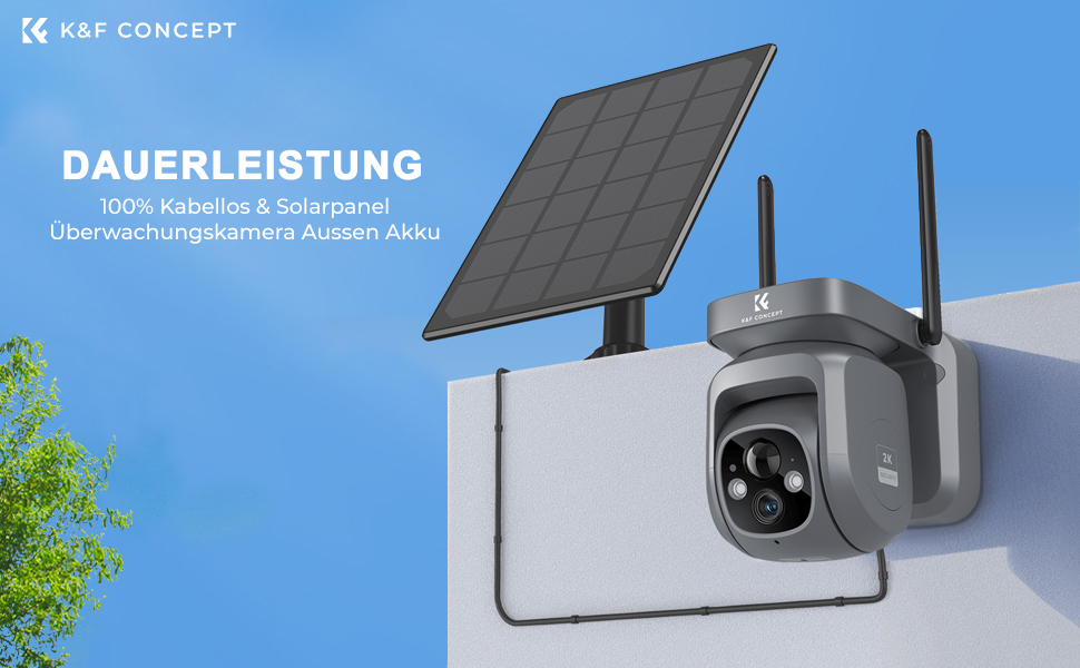 K&F CONCEPT Drahtlose Solar Überwachungskameras Wlan 2K mit 2 Wege Audio- und Lichtalarm Outdoor Home Security Camera Farbe Nachtsicht 9600mAh Eingebauter Akku Schwarz