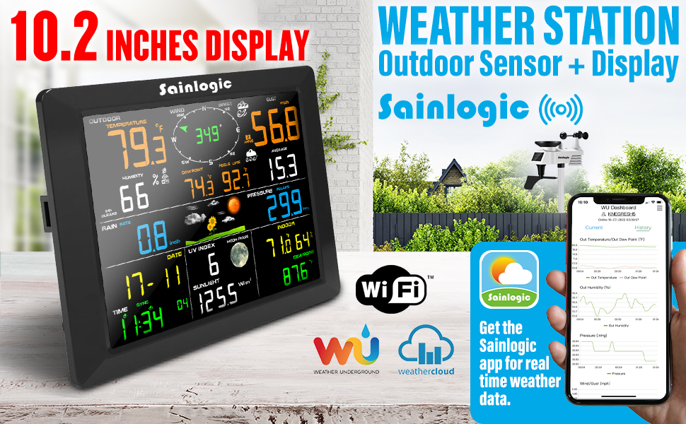 WiFi Weather Station, 10.2 inch Large Display Wireless Weather