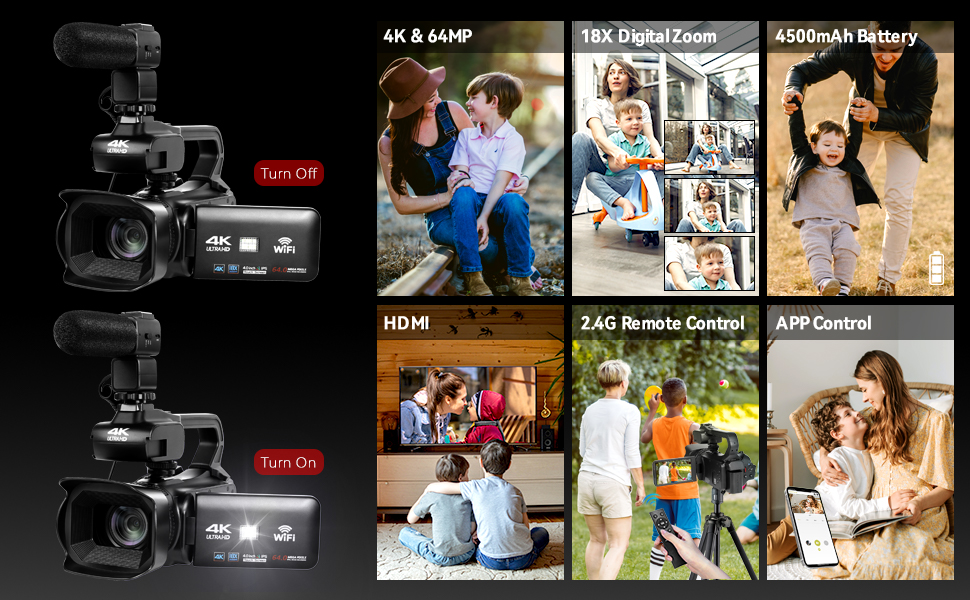 Cámara de Video 4K HD con Enfoque Automático, Videocámara 48MP 60FPS, Zoom  Digital 18X para  con Función LED, Batería de 4500mAh con  Estabilizador de Mano, Control Remoto, Micrófono y Tarjeta SD