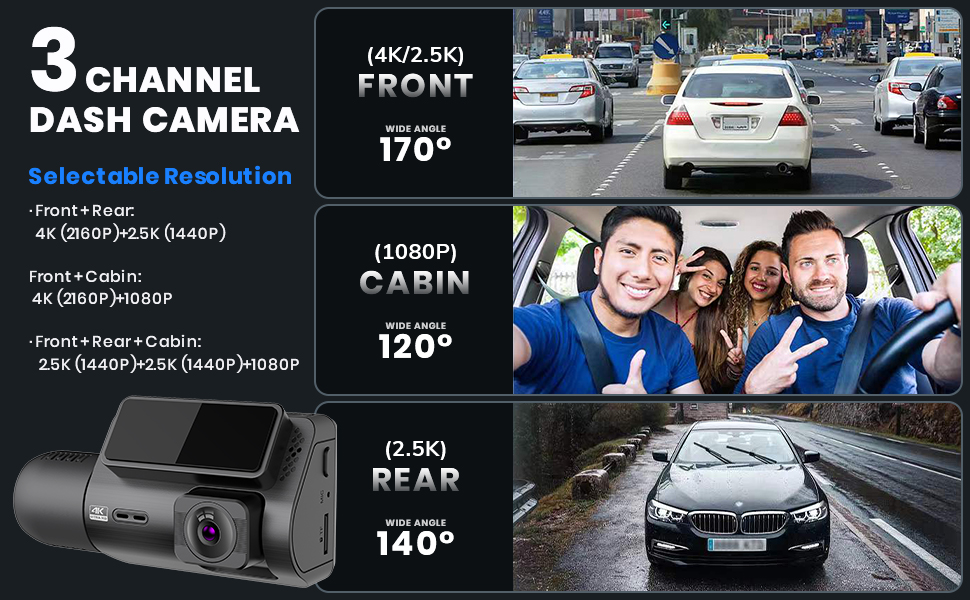 3 Channel 4K Dash Cam, WiFi Dual Dash Camera for Cars, 3 Channel