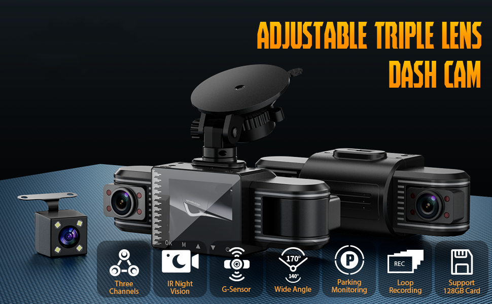 3 Channel Dash Cam Front and Rear Inside,1080P Full HD 170 Deg Wide Angle Dashboard  Camera,2.0 inch IPS Screen,Built in IR Night Vision,G-Sensor,Loop Recording,24H  Parking Recording. - KENTFAITH