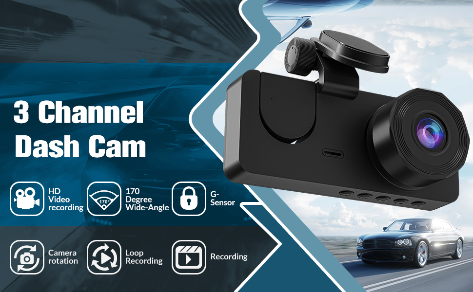 3 Channel Dash Cam Front and Rear Inside,1080P Full HD 170 Deg Wide Angle  Dashboard Camera,2.0 inch IPS Screen,Built in IR Night Vision,G-Sensor,Loop