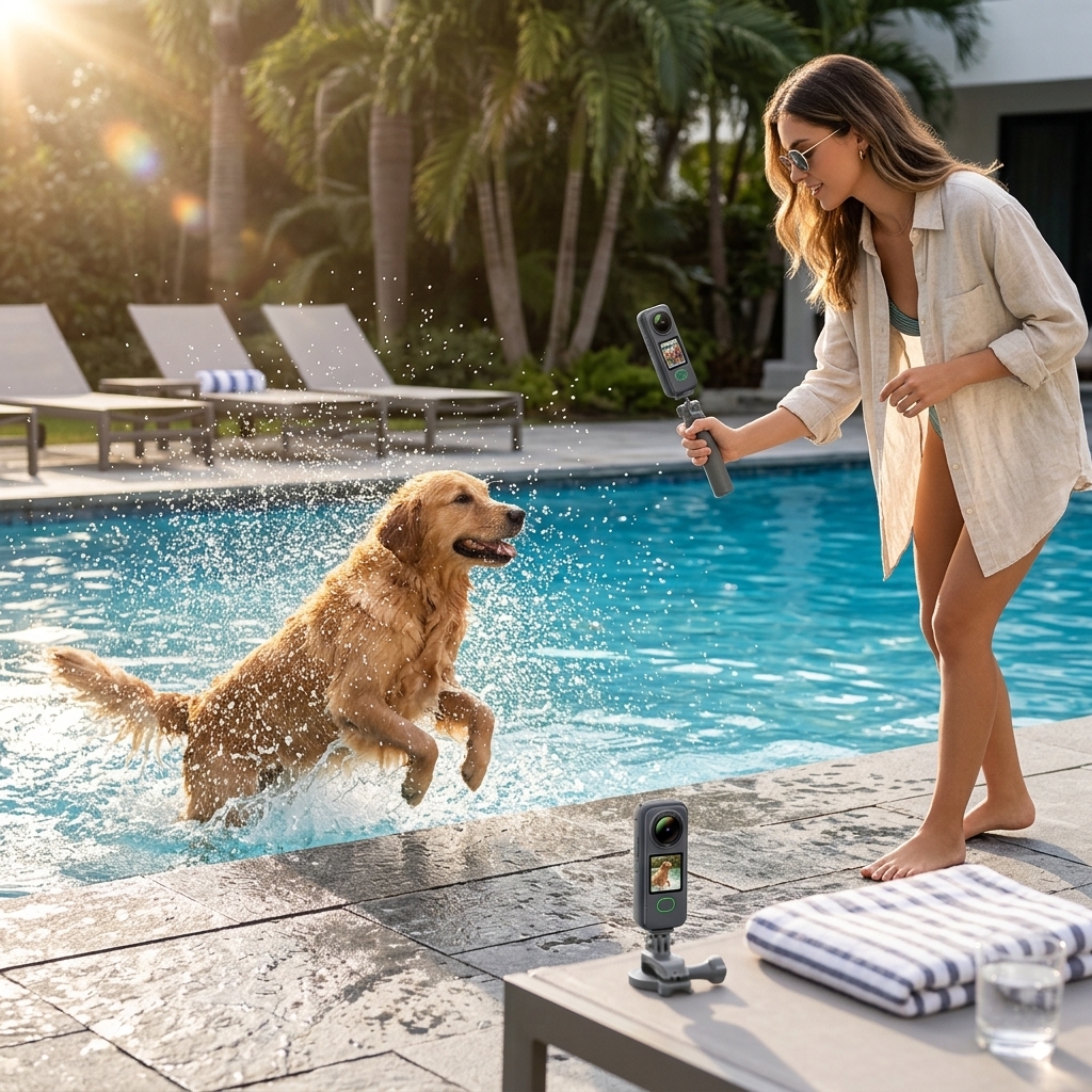 Dog Splashes By The Pool