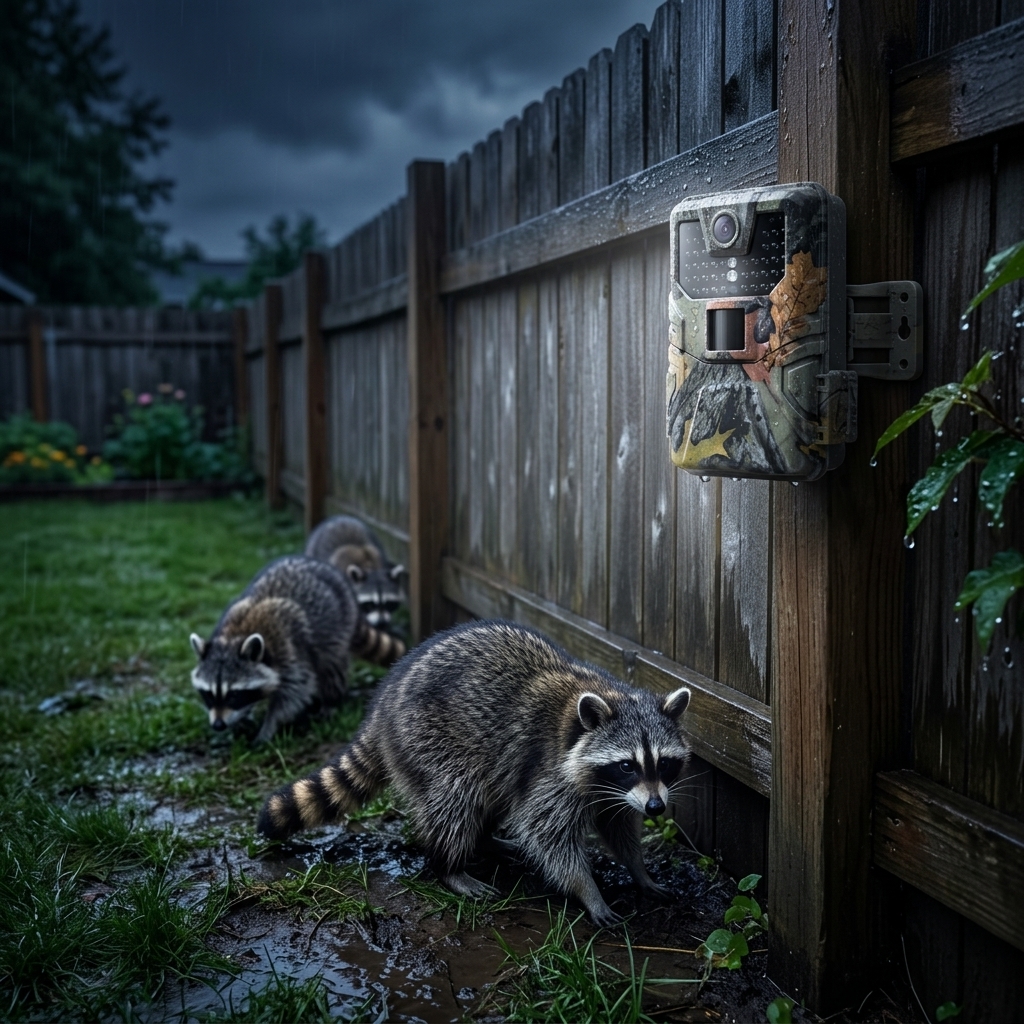 Raccoons Along The Backyard Fence