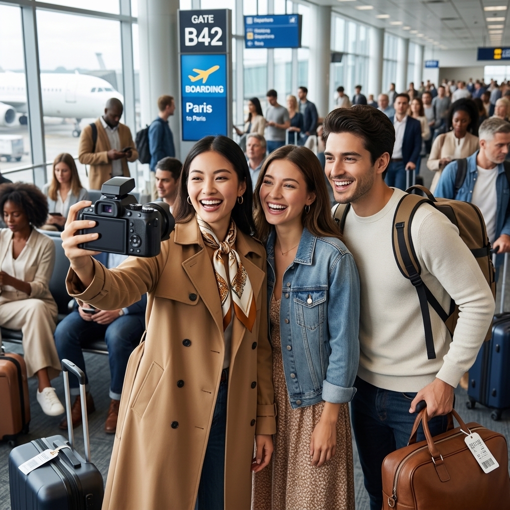 Airport Group Selfies Before Boarding