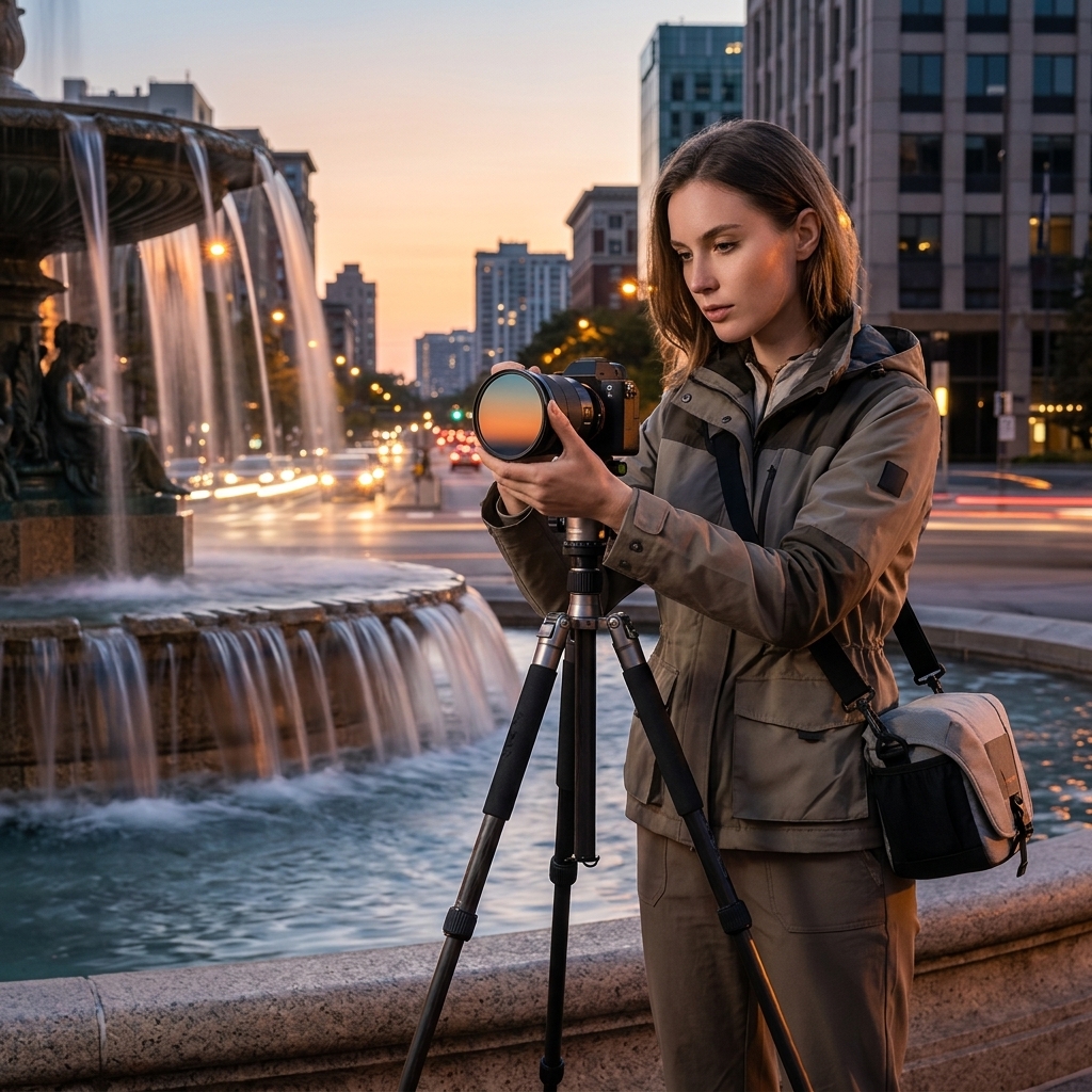 Long Exposure By City Fountain