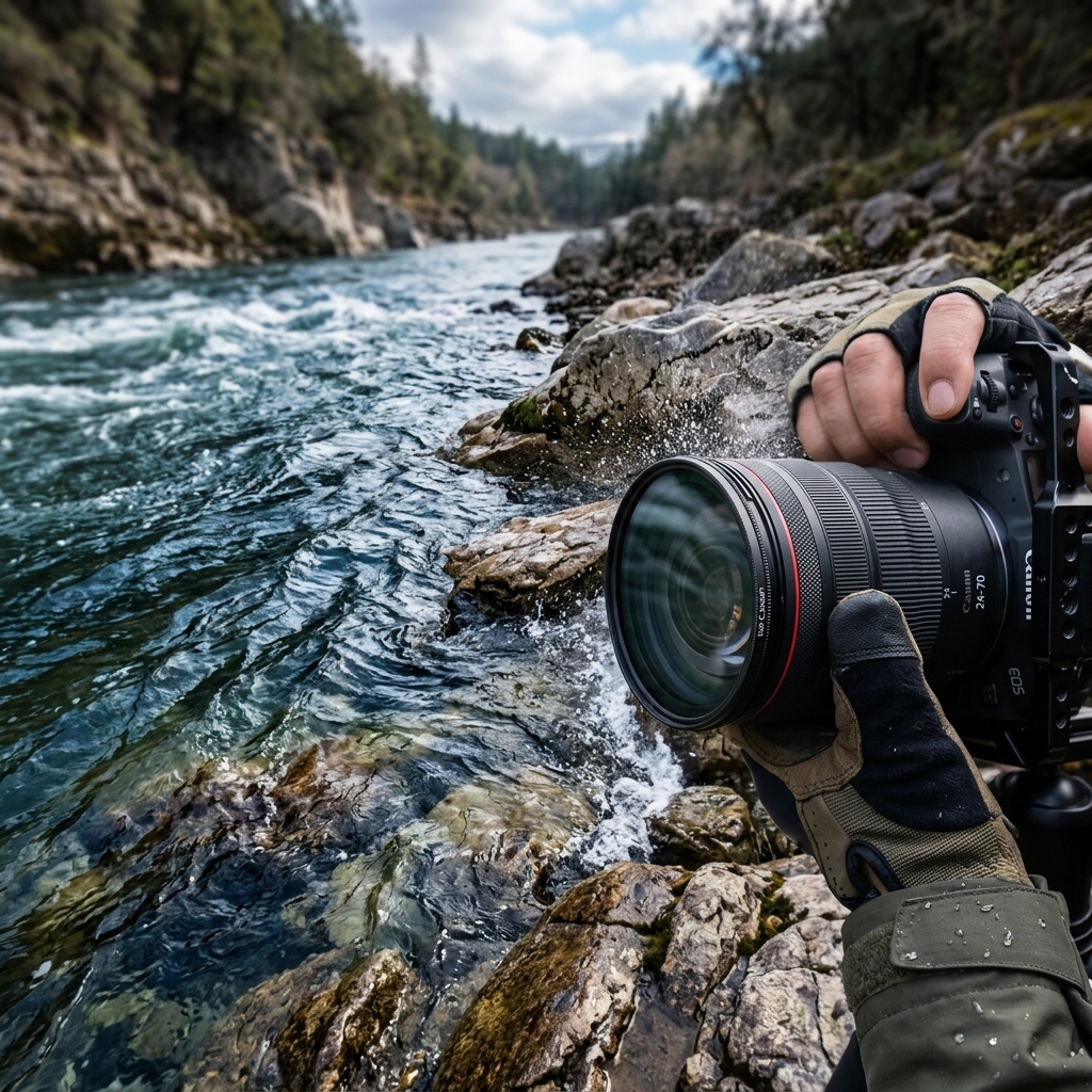 River Current By Rocky Shore